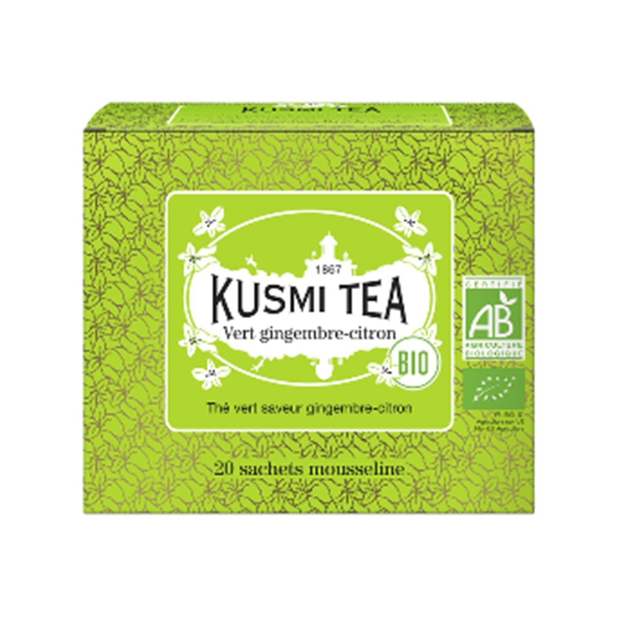 Kusmi Tea  Vert Gingembre Citron Bio - Etui 20 sachets mousseline - 40gr  40gr