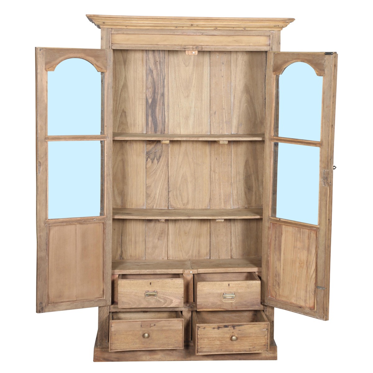 Les Restaurés, by Schilliger  Vitrine 2 portes, 4 tiroirs en teck ancien  107x45x176cm