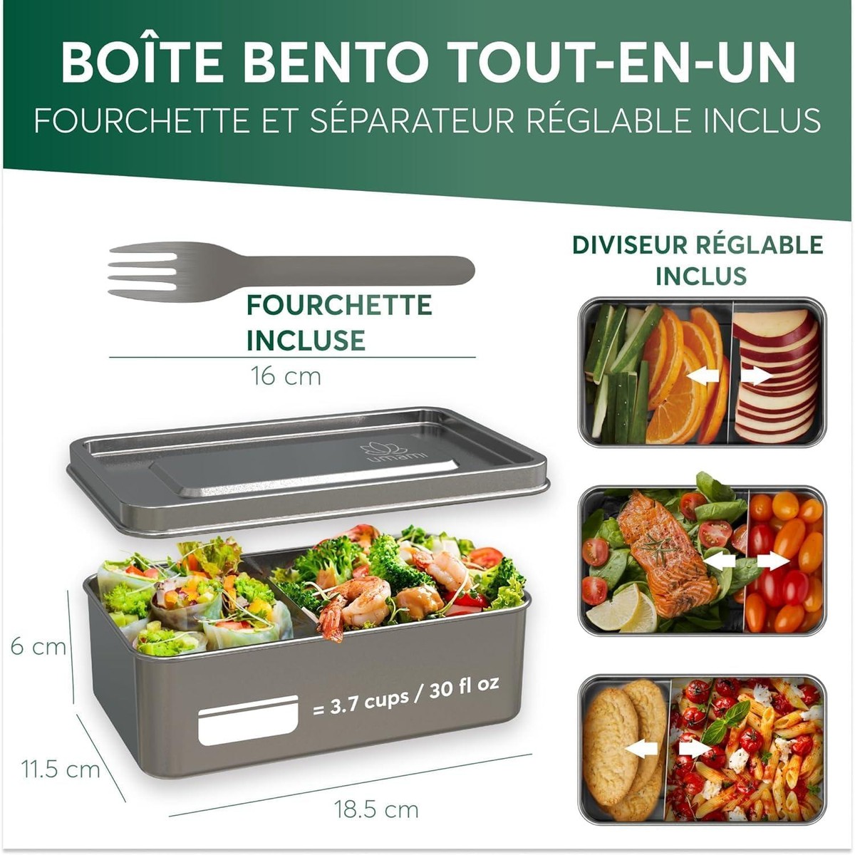   Boite Bento en acier inoxydable Gris argent 1350 ml