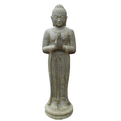 Schilliger Sélection Sculptures from East Java Bouddha debout, Inde, hauteur 80 cm, pierre moulée, fabrication artisanale & colorée  23x21x80cm